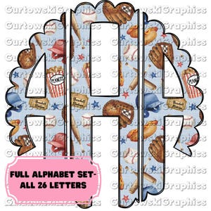 May include: A full alphabet set of 26 letters in a monogram style with a baseball and hot dog theme. The letters are outlined in black and have a blue background with a pattern of baseballs, hot dogs, bats, gloves, and stars. The text "FULL ALPHABET SET - ALL 26 LETTERS" is at the bottom of the image.