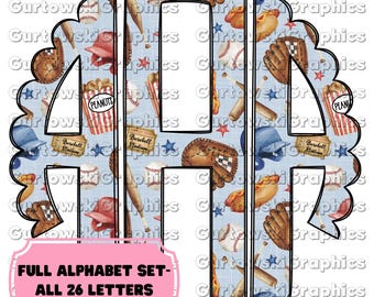 Monograma de bocadillos de béisbol, vieira de béisbol, monograma completo del alfabeto, alfabeto de béisbol, descarga digital del monograma Doodle, monograma de mamá del béisbol