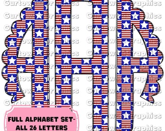 Red, White & Blue Patriotic Monogram,Patriotic Scallop Monogram,Full Alphabet Monogram,Summer Alphabet,Doodle Monogram Digital Download