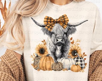 Highland vache automne citrouille PNG, Plaid Bow vache png, tournesol citrouille png, imprimé léopard automne PNG, ferme automne PNG, vache coquette png