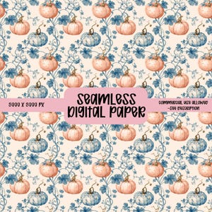 May include: Seamless digital paper featuring a repeating pattern of pumpkins in shades of peach and blue, intertwined with blue vines and leaves. The text "SEAMLESS DIGITAL PAPER" is displayed on a pink banner.