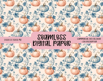 Chinoiserie Vintage Coquette Fall Pumpkins seamless,Pumpkin seamless pattern,Vintage digital paper,Girly Fall Coquette design,Repeat Pattern