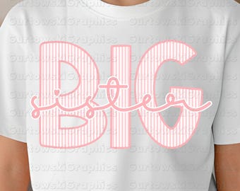 Big Sister Seersucker Pink  Digital Download PNG file, Big Sister png, PNG files for Sublimation, seersucker name png, New baby png
