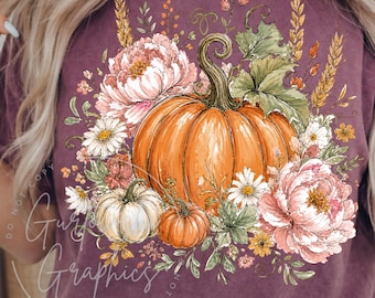 Cottagecore Floral Pumpkin PNG, Boho Watercolor Pumpkin Peony Bouquet Sublimation Design, Preppy Autumn Cozy Season Shirt Graphic Download