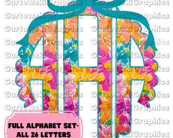 Bright Floral Coquette Monogram,Monogram Scallop,Full Alphabet Monogram,Summer Alphabet,Doodle Monogram Digital Download,Fancy Monogram