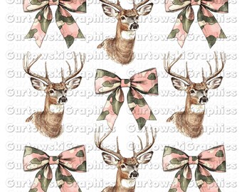 May include: A seamless pattern featuring a pink and camouflage bow and a brown deer head. The pattern is repeated throughout the image.