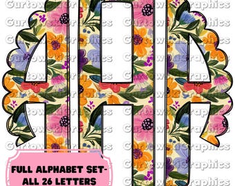 Brights Floral Spring Monogram,Floral Scallop,Full Alphabet Monogram, Spring Summer Alphabet,Doodle Monogram Digital Download