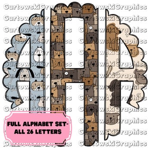 May include: A set of two alphabet letters, A and H, made of a pattern of cartoon dogs in various colors and poses. The letters are outlined in black and have a scalloped edge. The letters are on a white background. The text "FULL ALPHABET SET - ALL 26 LETTERS" is in a pink rectangle at the bottom of the image.