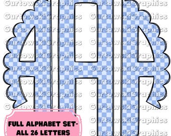 Vintage Blue Checkered Board Monogram,Checkered Scallop,Full Alphabet Monogram,Blue Checkered Alphabet,Doodle Monogram Digital Download