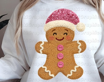 Faux Yarn Preppy Christmas Gingerbread Man PNG Sublimation Digital Design Faux Chenille Christmas Retro Gingerbread Pink Holiday Shirt Png