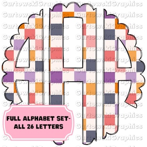 May include: A set of alphabet letters in a colorful plaid pattern. The letters are outlined in black and have a scalloped edge. The letters are all uppercase and the text "FULL ALPHABET SET - ALL 26 LETTERS" is displayed in a pink box.