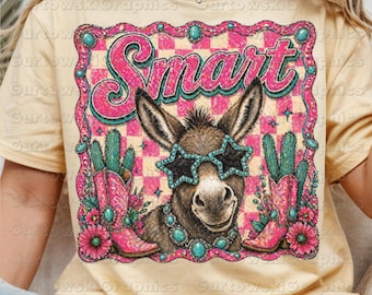 Smart Ass PNG, Funny Western Donkey Shirt Design, Punchy Checkered Sublimation, Turquoise Cowgirl Boots png, Sassy Country Digital Download