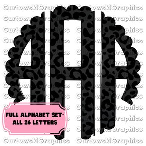 May include: A set of black and white leopard print letters in a scalloped font. The letters are A, A, and A. The text "FULL ALPHABET SET - ALL 26 LETTERS" is in a pink box below the letters.