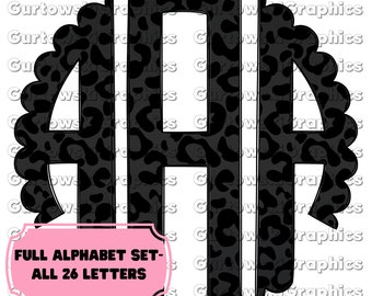 Monograma de leopardo negro mate, iniciales digitales con monograma preppy, festón de leopardo, monograma con alfabeto completo, alfabeto de leopardo, monograma doodle
