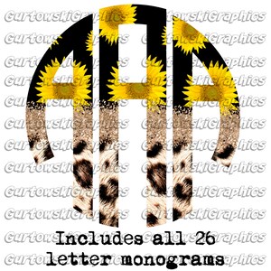 May include: A set of 26 monogram letters with a sunflower and leopard print design. The letters are black with a gold glitter accent. Includes all 26 letters.