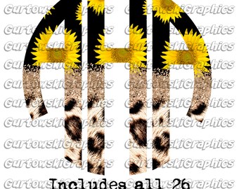 Digital nedladdning av solros- och leopardmonogram i PNG-format, PNG-filer för sublimering, leopardinitialer, PNG-filer för utskrift, solrosmonogram