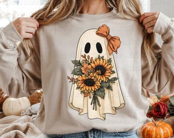Fantasma de girasol PNG, Fantasma femenino de otoño PNG, Sublimación de Halloween linda, Fantasma floral PNG, Temporada espeluznante PNG, Camisa fantasma de otoño PNG