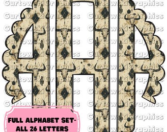 Tan Cow Skull Western Monogram,Preppy Monogram Digital Download,Scalloped Initials,Checkered Monogram,Full Alphabet Monogram,Rodeo designs