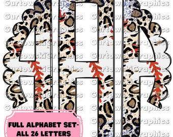 Monograma de béisbol, festón de béisbol, monograma de alfabeto completo, alfabeto de béisbol, descarga digital de monograma de doodle, monograma de béisbol y leopardo