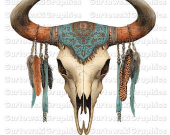 Boho Leopard Print Bull skull PNG, Boho Cow Skull, Turquoise cow skull western PNG, Bohemian cow skull, Wild west PNG, Boho Cowgirl png