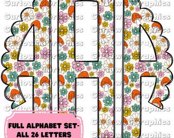Cottagecore Monogram, Preppy Monogram Digital Download, PNG files for Sublimation, Florals & Mushroom Monogram, Floral Alphabet