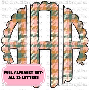 May include: A set of alphabet letters in a plaid pattern with a scalloped edge. The letters are in a peach, green, and brown plaid pattern. The text "FULL ALPHABET SET - ALL 26 LETTERS" is at the bottom of the image.