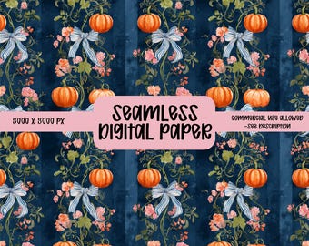 Navy Vintage Coquette Fall Pumpkins seamless,Pumpkin seamless pattern,Vintage digital paper,Girly Fall Coquette design,Repeat Pattern