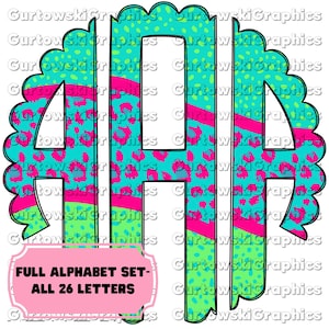 May include: A set of alphabet letters in a bold, black outline with a colorful, patterned background. The letters are in a bright turquoise color with pink and green accents. The letters are decorated with a leopard print pattern. The image includes the text "FULL ALPHABET SET - ALL 26 LETTERS".
