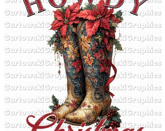 Howdy Christmas Boots Png, Cowboy Coquette Rosett, Western Christmas Png Design, Jul Png, Jul Cowboy Boots Png Design Sublimering