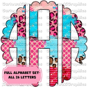 Könnte beinhalten: Ein Satz von 26 Alphabetbuchstaben im Monogramm-Stil mit einem gemusterten Hintergrund in Pink, Blau und Weiß. Die Buchstaben sind schwarz umrandet und haben einen gewellten Rand. Der Text "FULL ALPHABET SET - ALL 26 LETTERS" wird in einem rosa Kasten angezeigt.