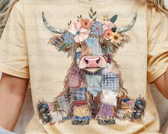 Highland Cow Png Patchwork Cow Png Floral Cowgirl Western Design Rustic Farm Animal Shirt Png Boho Country Western Sublimation Png