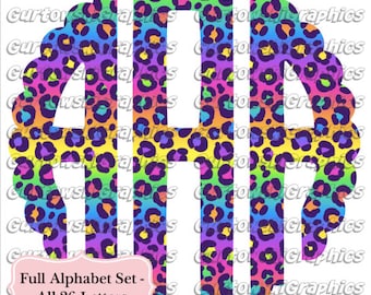 Digital nedladdning av neonregnbågsleopardmonogram, doodlemonogram, PNG-filer för sublimering, leopardinitialer, scallopedmonogram