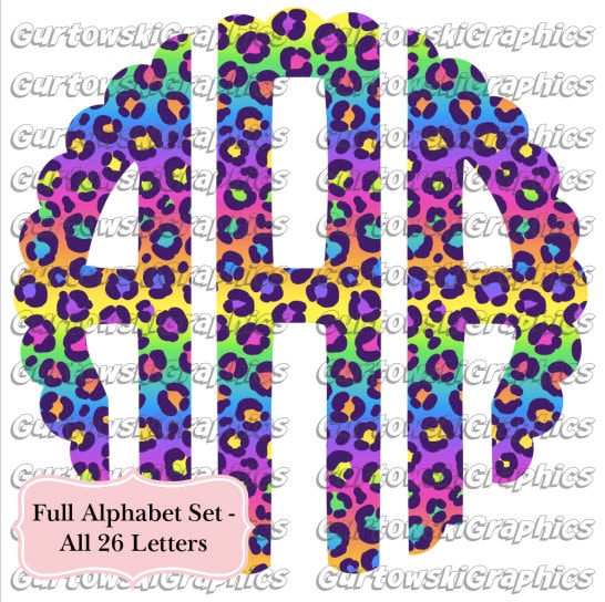 Neon Rainbow Leopard Monogram Digital Download, Doodle Monogram,PNG files for Sublimation, Leopard Initials,Scalloped Monogram