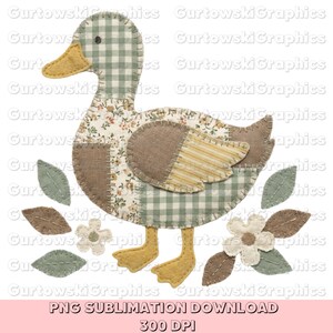 May include: A patchwork duck design with a green and white checkered body, floral and brown accents, and yellow feet and beak. The design includes leaves and flowers. Text at the bottom reads "PNG SUBLIMATION DOWNLOAD 300 DPI".