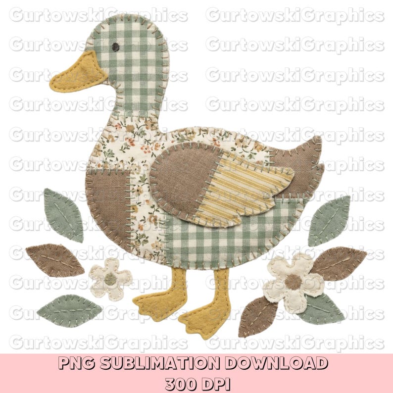 May include: A patchwork duck design with a green and white checkered body, floral and brown accents, and yellow feet and beak. The design includes leaves and flowers. Text at the bottom reads "PNG SUBLIMATION DOWNLOAD 300 DPI".