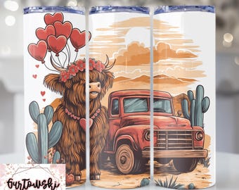 Retro Valentine Highland Cow, 20 oz Skinny Tumbler Sublimation wrap,Instant DIGITAL ONLY, Tumbler Wrap,Tumbler design, Highland Cow designs