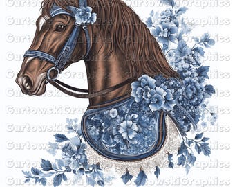 Blue Floral Toile Horse png,Rodeo Design,Blue Grand Millennial Horse Png,Blue Floral Chinoiserie Horse  Png,Farm Animal Coquette