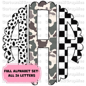 May include: A monogram design featuring the letters "AHI" in a decorative style. The letters are filled with different patterns: dalmatian print, camouflage, and a black and white checkerboard. A pink banner at the bottom reads "FULL ALPHABET SET - ALL 26 LETTERS."