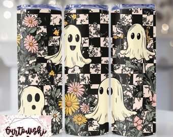 May include: Three stainless steel tumblers with a black and white checkered pattern, pink floral accents, and cartoon ghosts. The tumblers are perfect for Halloween.