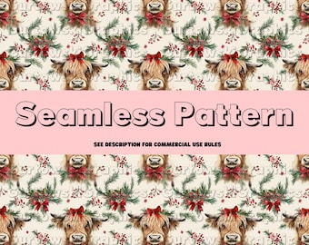 Highland Cow Christmas seamless pattern file, Christmas cows seamless, Highland cow seamless, Christmas farm seamless pattern