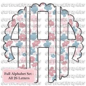 May include: A set of 26 alphabet letters in a floral pattern. The letters are outlined in black and filled with a pink and blue floral pattern. The letters are arranged in a circle with a scalloped edge. The text "Full Alphabet Set - All 26 Letters" is at the bottom of the image.