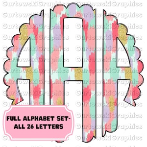 May include: A set of alphabet letters in a pink, green, and gold brushstroke pattern. The letters are outlined in black and have a scalloped edge. The text "FULL ALPHABET SET - ALL 26 LETTERS" is at the bottom of the image.