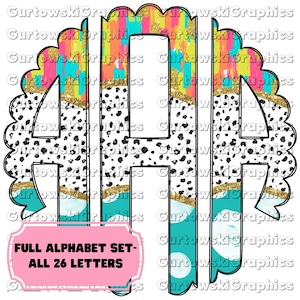 Może przedstawiać: Zestaw 26 liter alfabetu w kolorowym, abstrakcyjnym wzorze. Litery są obwiedzione czarną linią i mają wzór w białe i czarne kropki. Tło zawiera różne kolory, w tym różowy, żółty, niebieski i zielony. Litery idealnie nadają się do projektów rękodzieła, scrapbookingu i innych.