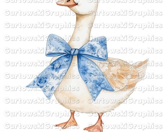 May include: A white goose with a blue and white floral bow around its neck. The goose is standing on a white background. PNG Sublimation Download 300 DPI.
