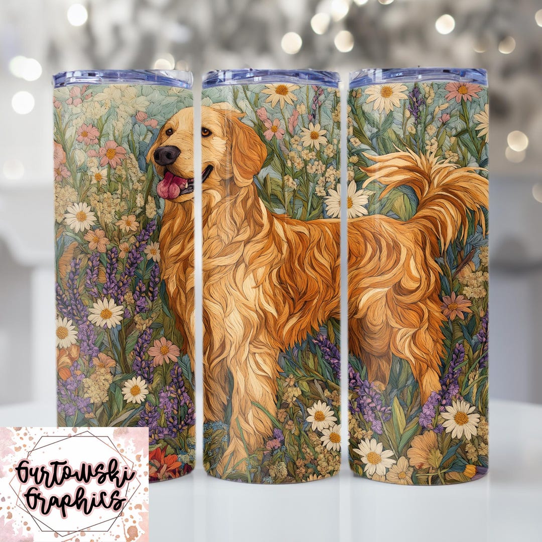 Golden Retriever Tumbler Wrap Design, Floral Dog Sublimation PNG, 20oz ...