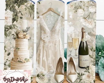 May include: Three white tumbler cups with different designs. The first cup features a white wedding cake with floral accents. The second cup has a white wedding dress with lace details. The third cup has a bottle of champagne, two champagne flutes, and white flowers.