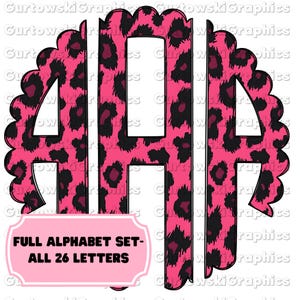 Hot Pink Leopard Monogram Digital Download PNG file, PNG files for Sublimation, Leopard Initials, PNGs for Printing, Scalloped Monogram