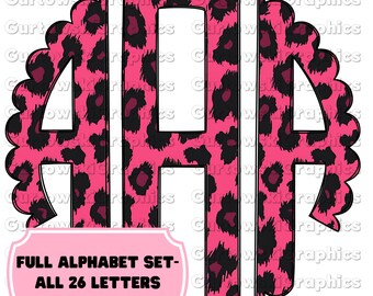 Felroze luipaardmonogram digitale download png-bestand, png-bestanden voor sublimatie, luipaardinitialen, png-bestanden voor afdrukken, geschulpt monogram