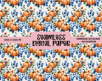 Blue Floral Chinoiserie Fall Pumpkins seamless,Pumpkin seamless pattern,Vintage digital paper,Girly Fall Coquette design,Repeat Pattern