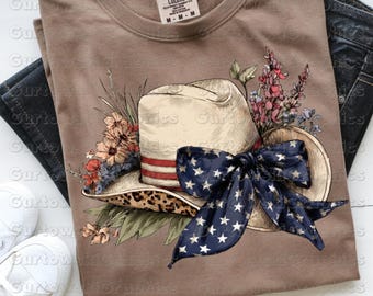 Patriotic Cowboy Hat PNG,Floral Western Sublimation Design,Flag Bow 4th of July,America 250 Anniversary,Leopard Western PNG,Instant Download